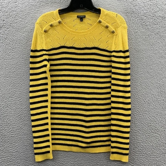 Talbots Women’s Striped Sweater Yellow Navy Gold Buttons Pointelle Neck M - Picture 1 of 4